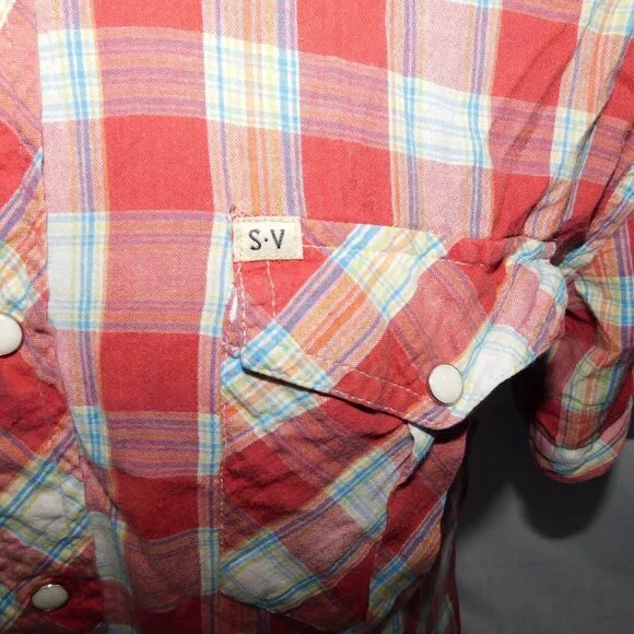 Salt Valley Western Mens M Red Plaid Denim Detail Short Sleeve pearl Snap Shirt - Picture 4 of 12